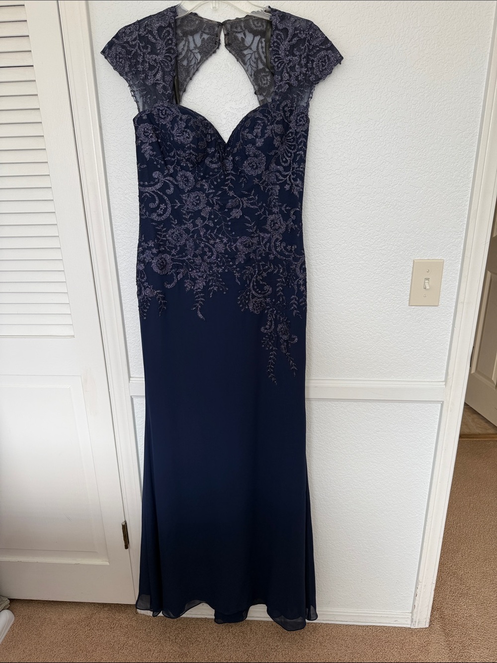 Elegant Navy Lace-Overlay Cap Sleeve Wedding Dress